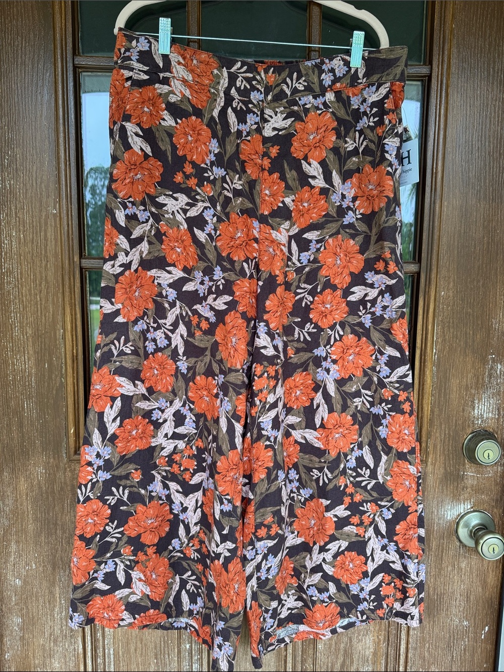 Linen Wide-Leg Floral Palazzo Pants — Rust Orange & Brown